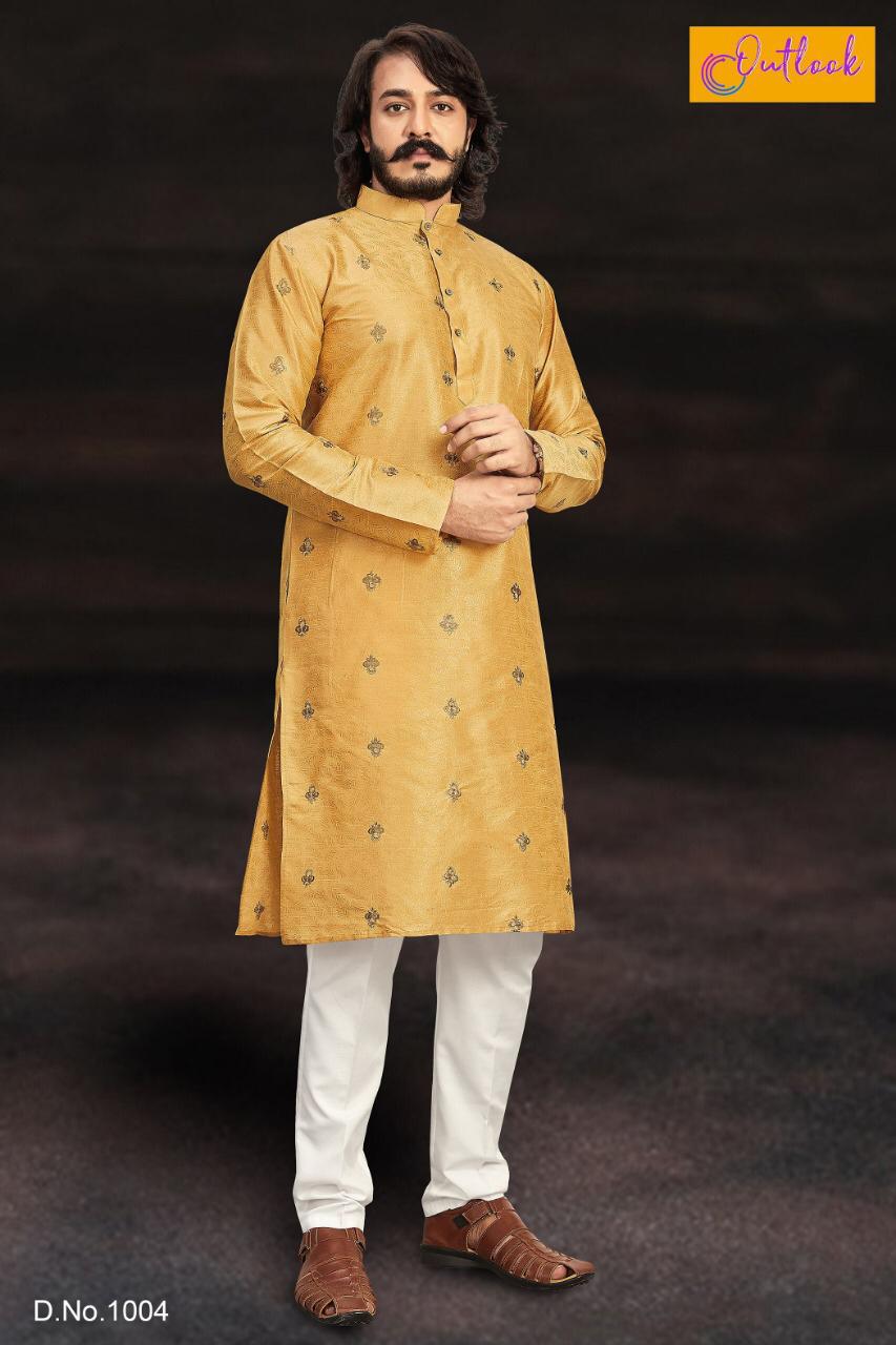 Outlook Launched Designer New Butti Embroidery Work Pure Art Silk Mens Wear Kurta Pajama Collection