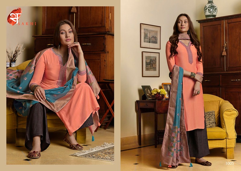 Swagat Presents Sakhi Designer Maslin Silk With Embroidery Work Straight Salwar Suits Catalog Wholesaler