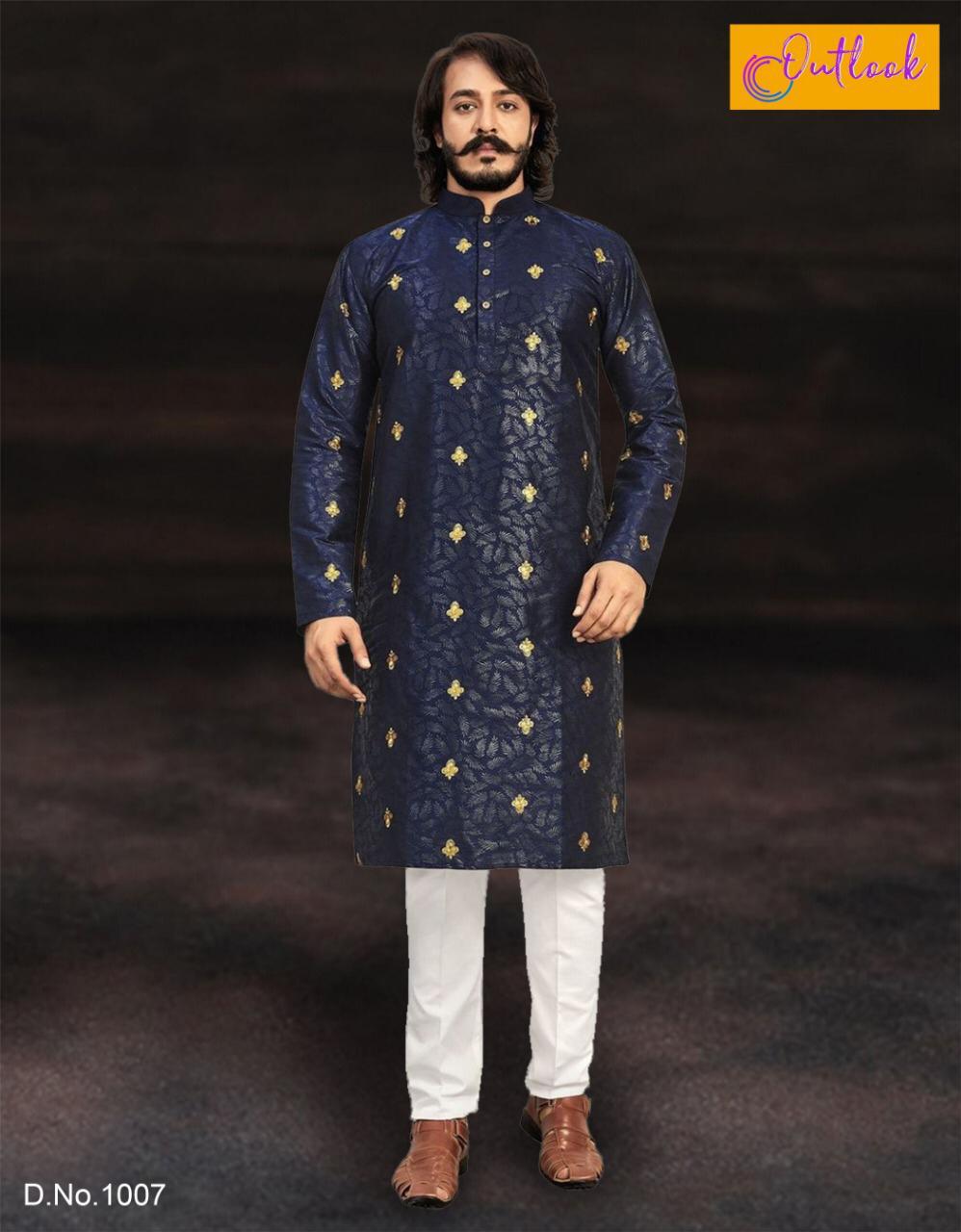 Outlook Launched Designer New Butti Embroidery Work Pure Art Silk Mens Wear Kurta Pajama Collection