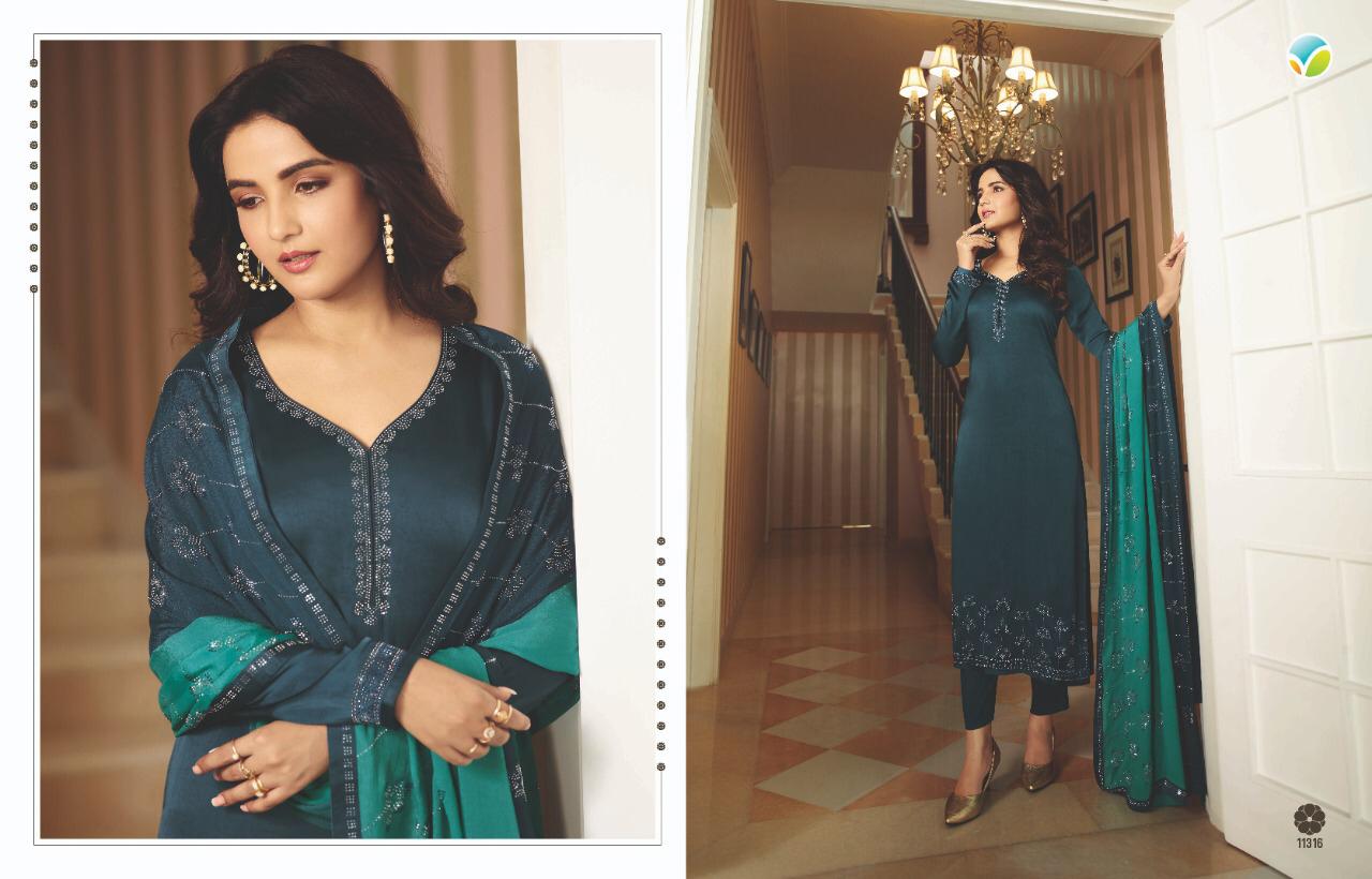Vinay Fashion Presents Kaseesh Evershine-plus Satin Georgette With Heavy Georgette Dupatta And Swarovski  Work Straight Salwar Suit Catalog Wholesaler