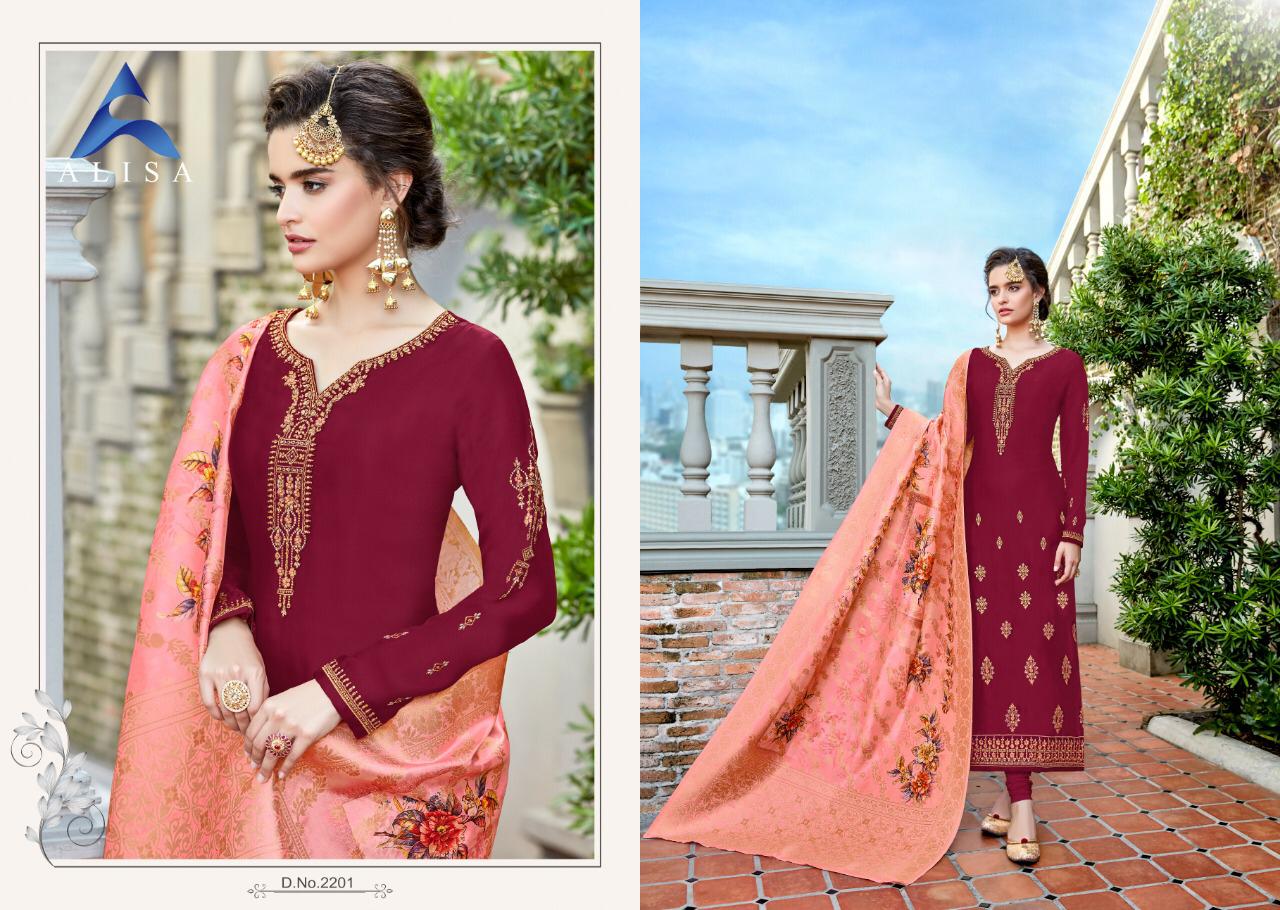 Alisha Presents Suhan Satin Gorgette With Heavy Work & Additional Diamond Work Straight Salwar Suit Wholesaler