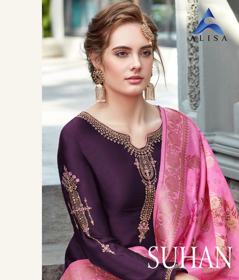 Alisha Presents Suhan Satin Gorgette With Heavy Work & Additional Diamond Work Straight Salwar Suit Wholesaler