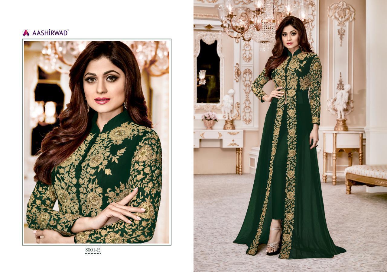 Aashirwad Presents Shamita Gold Georgette Long Embroidery Work Gown