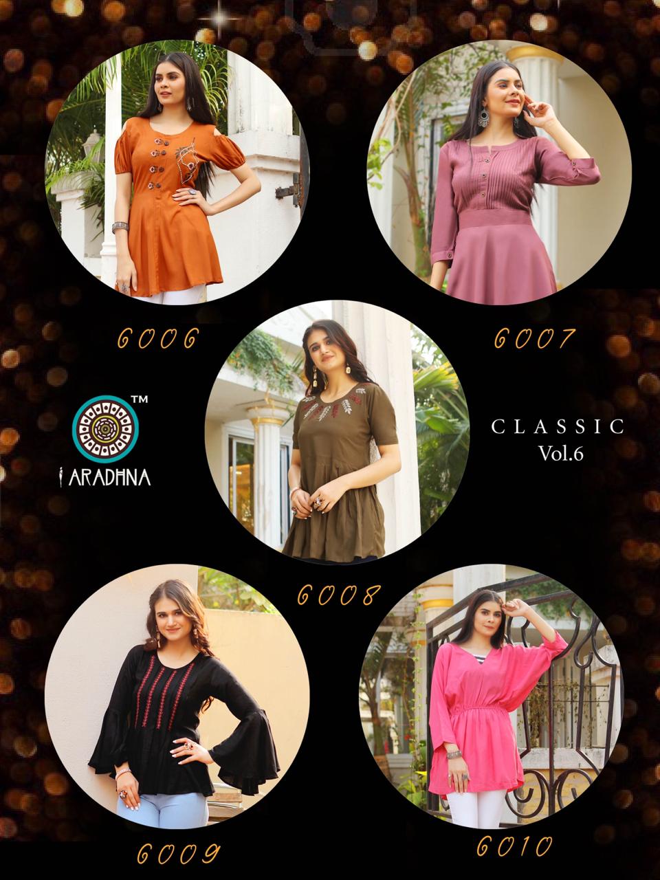 Aradhana Fashion Presents Classic Vol-6 Rayon Embroidery Work Short Top Cataloge Collection