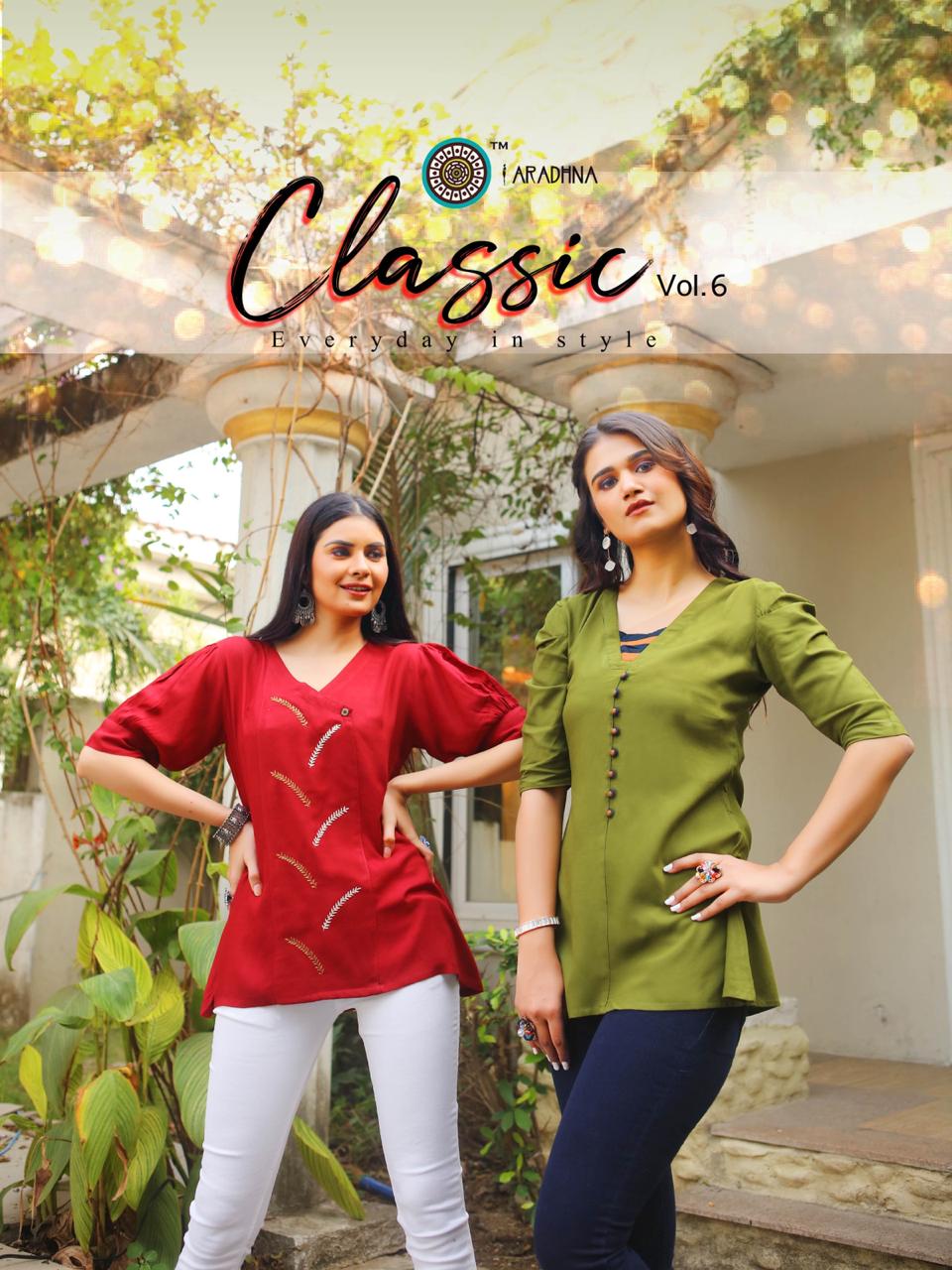 Aradhana Fashion Presents Classic Vol-6 Rayon Embroidery Work Short Top Cataloge Collection