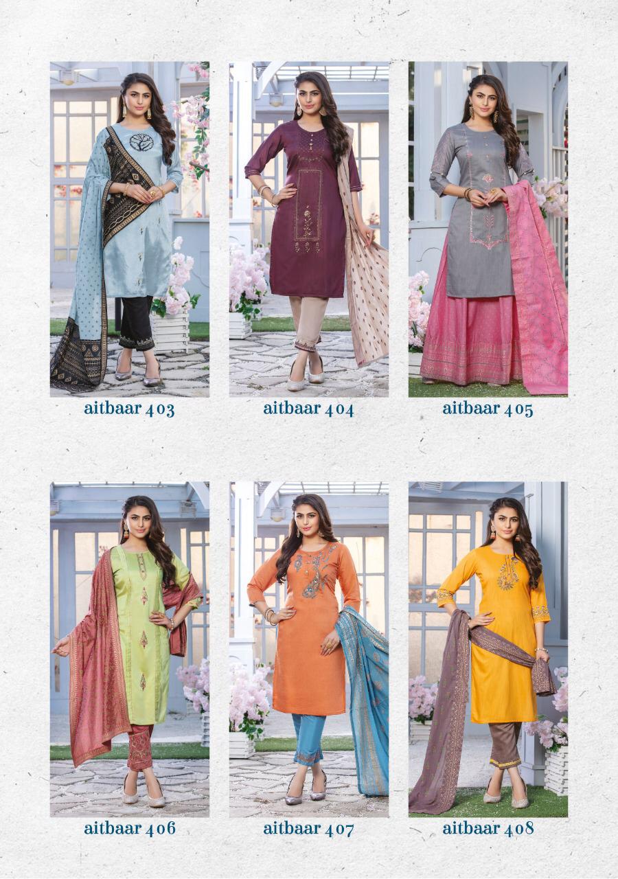 Kiana Presents Aitbaar Vol-4 Chanderi Silk Embroidery Work Kurtis Cataloge Wholesaler
