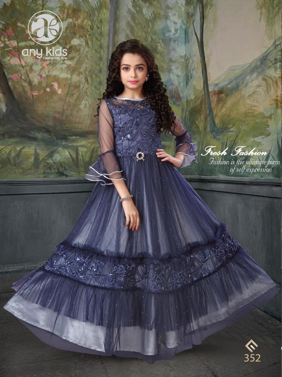 Any Kids Presents D.no.352 Exclusive Designer Kidswear Butterfly Net Work Gown Catalog Wholesaler In Surat