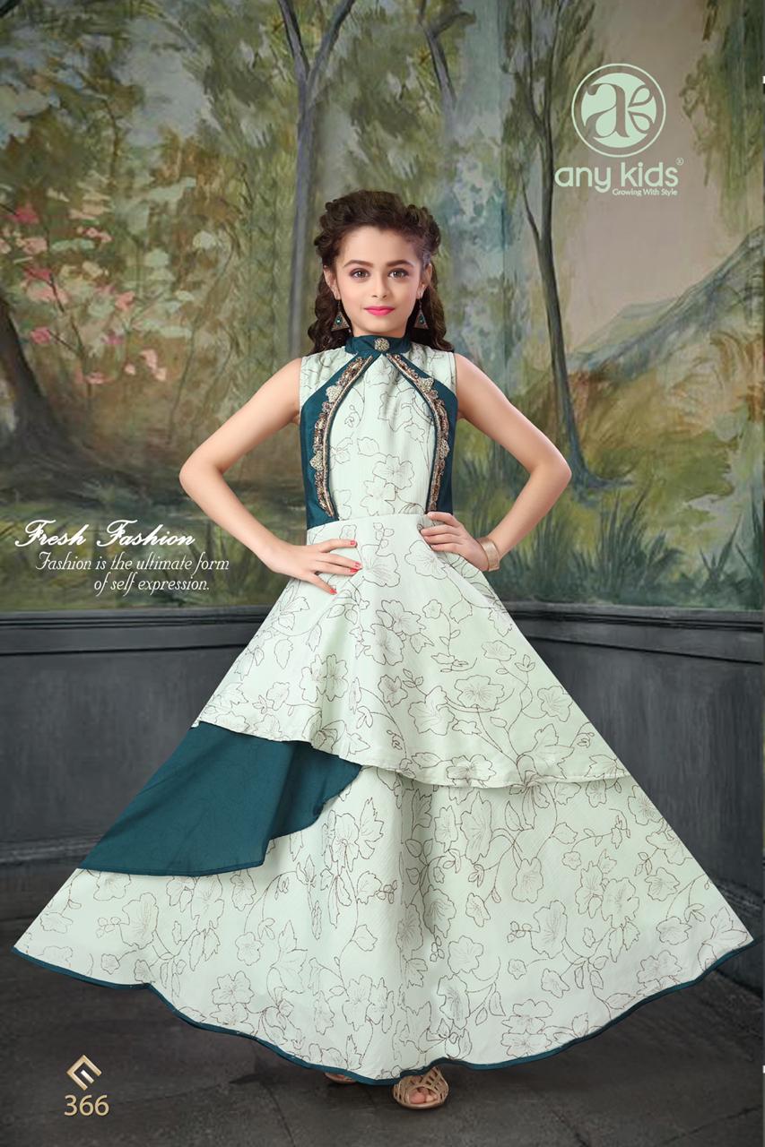 Any Kids Presents D.no.366 Exclusive Designer Kidswear Chinon Silk With Foil And Handwork Gown Catalog Wholesaler In Surat