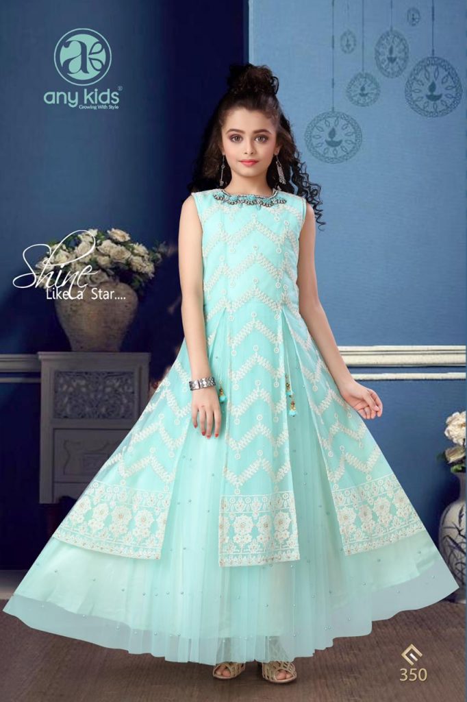 Any Kids Presents D.no.350 Exclusive Designer Kidswear Butterfly Net Work Gown Catalog Wholesaler In Surat