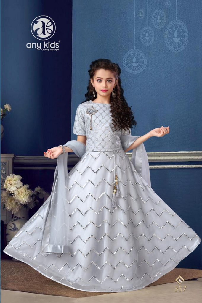 Any Kids Presents D.no.357 Exclusive Designer Kidswear Butterfly Net With Handwork Gown Catalog Wholesaler In Surat