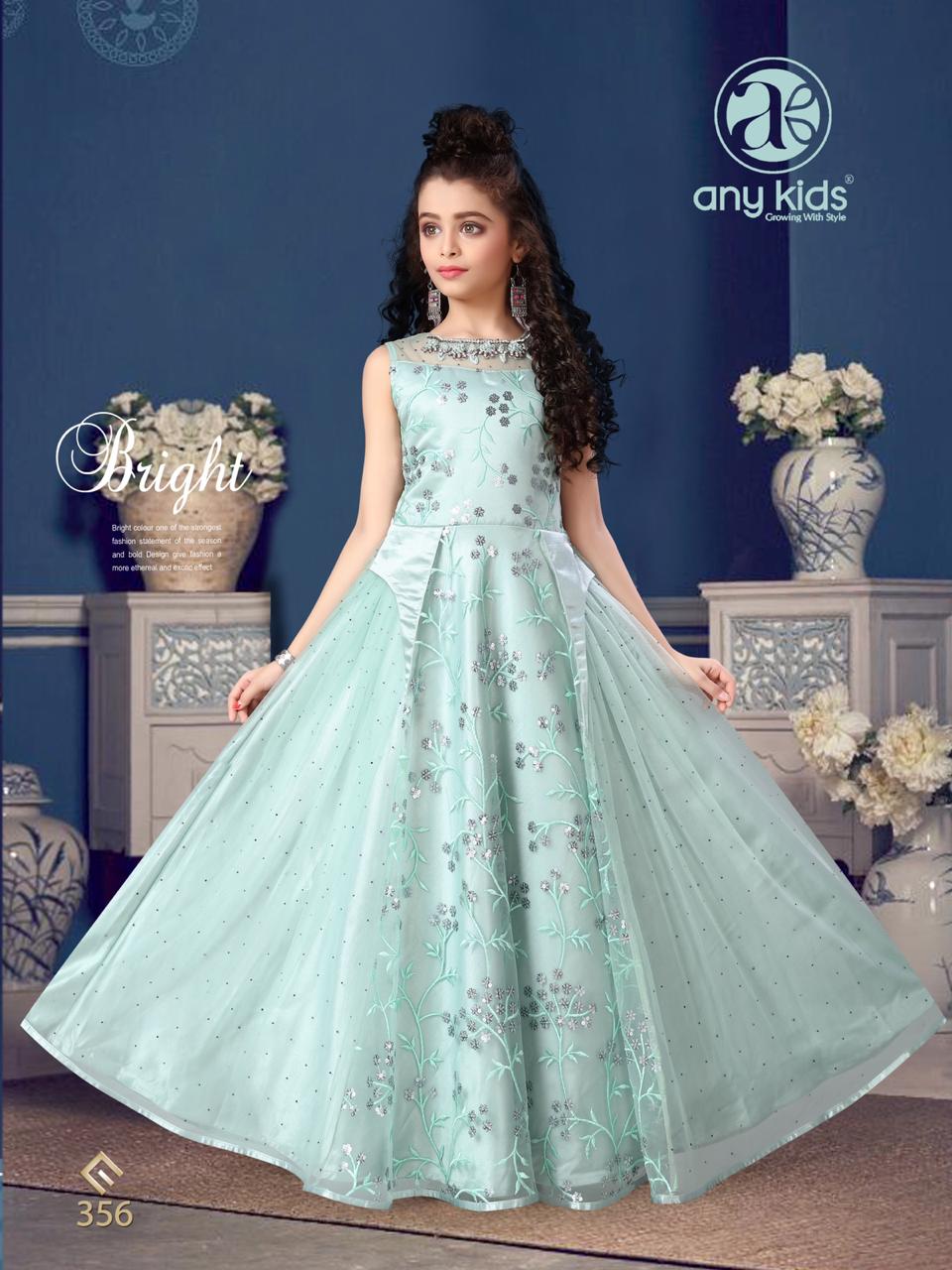 Any Kids Presents D.no.356 Exclusive Designer Kidswear Butterfly Net Work Gown Catalog Wholesaler In Surat