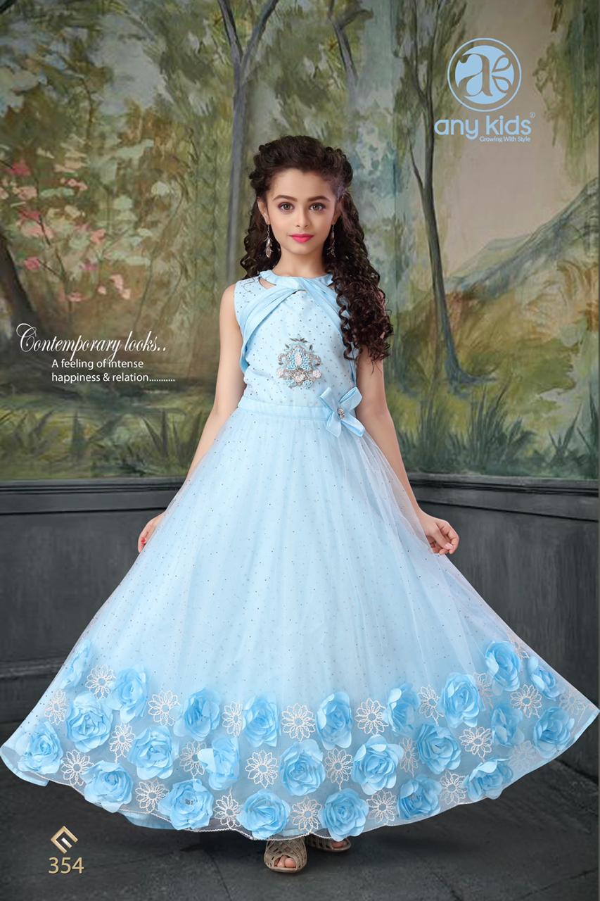 Any Kids Presents D.no.354 Exclusive Designer Kidswear Butterfly Net With Ribbin Work And Handwork Gown Catalog Wholesaler In Surat