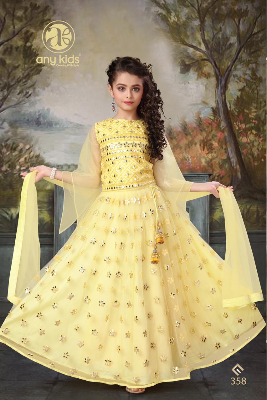 Any Kids Presents D.no.358 Exclusive Designer Kidswear Butterfly Net Work Handwork Gown Catalog Wholesaler In Surat