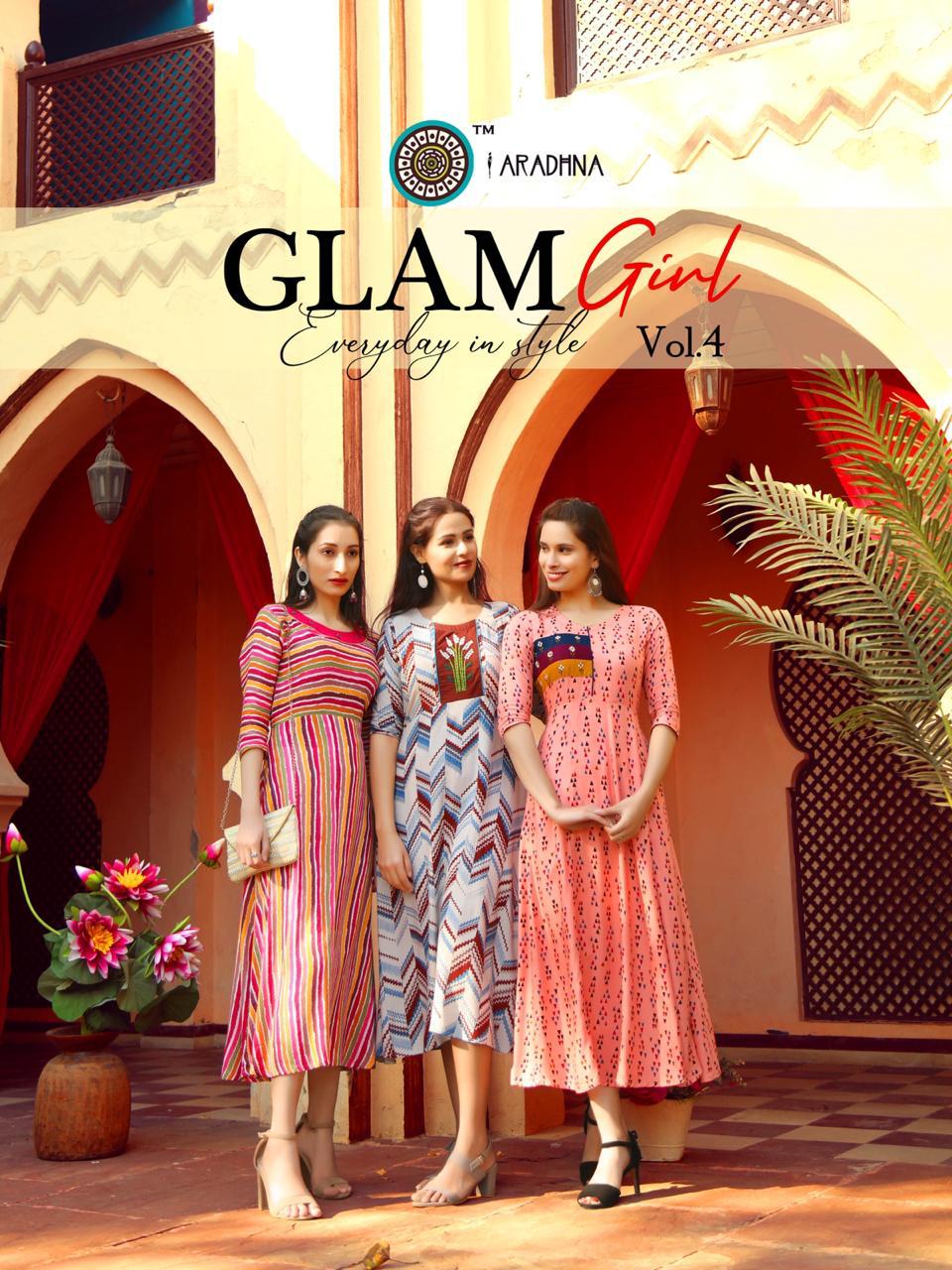 Aradhana Fashion Presents Glam Girl Vol-4 Rayon Embroidery Work Long Kurtis Cataloge Collection