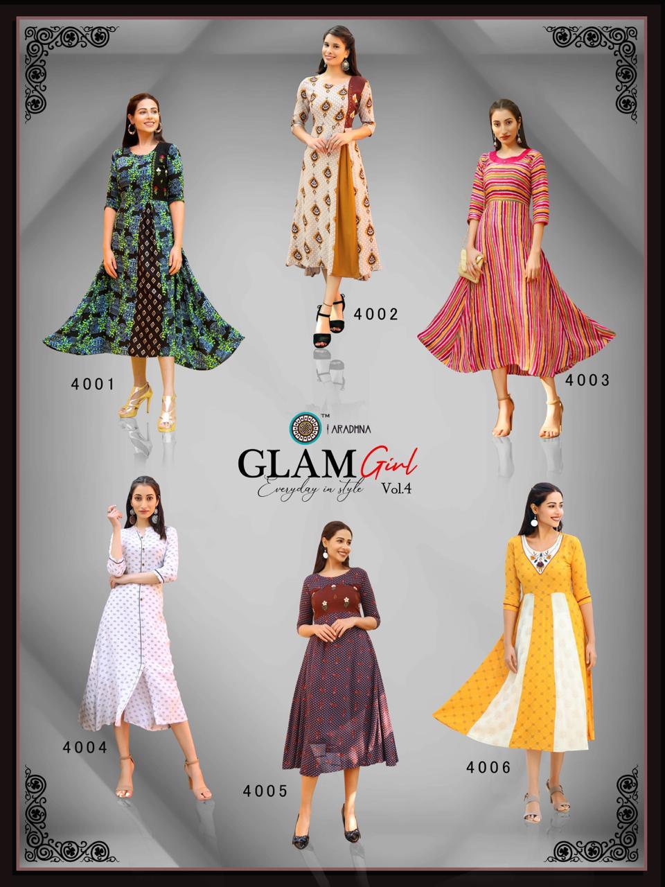 Aradhana Fashion Presents Glam Girl Vol-4 Rayon Embroidery Work Long Kurtis Cataloge Collection