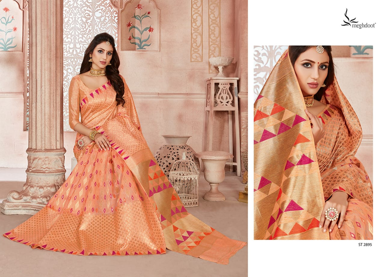 Meghdoot Presents Blush Jute Silk Designer Traditional Wear Sarees Cataloge Wholesaler