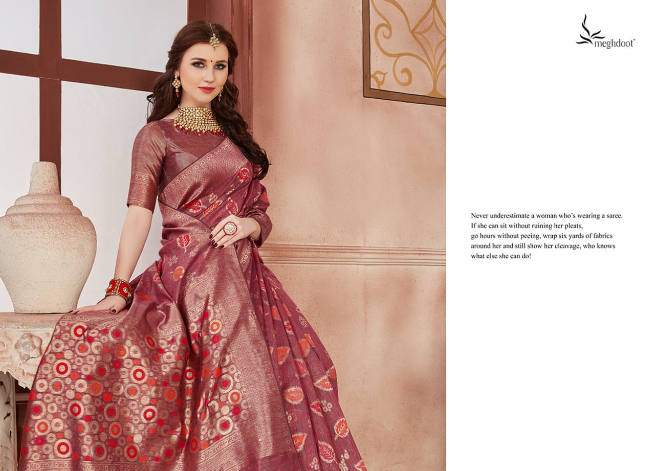 Meghdoot Presents Blush Jute Silk Designer Traditional Wear Sarees Cataloge Wholesaler