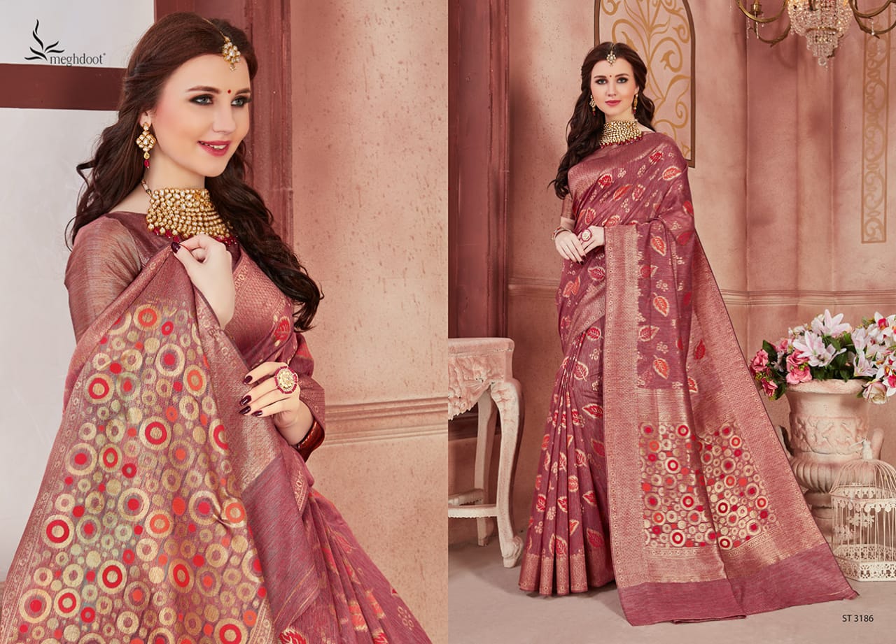 Meghdoot Presents Blush Jute Silk Designer Traditional Wear Sarees Cataloge Wholesaler