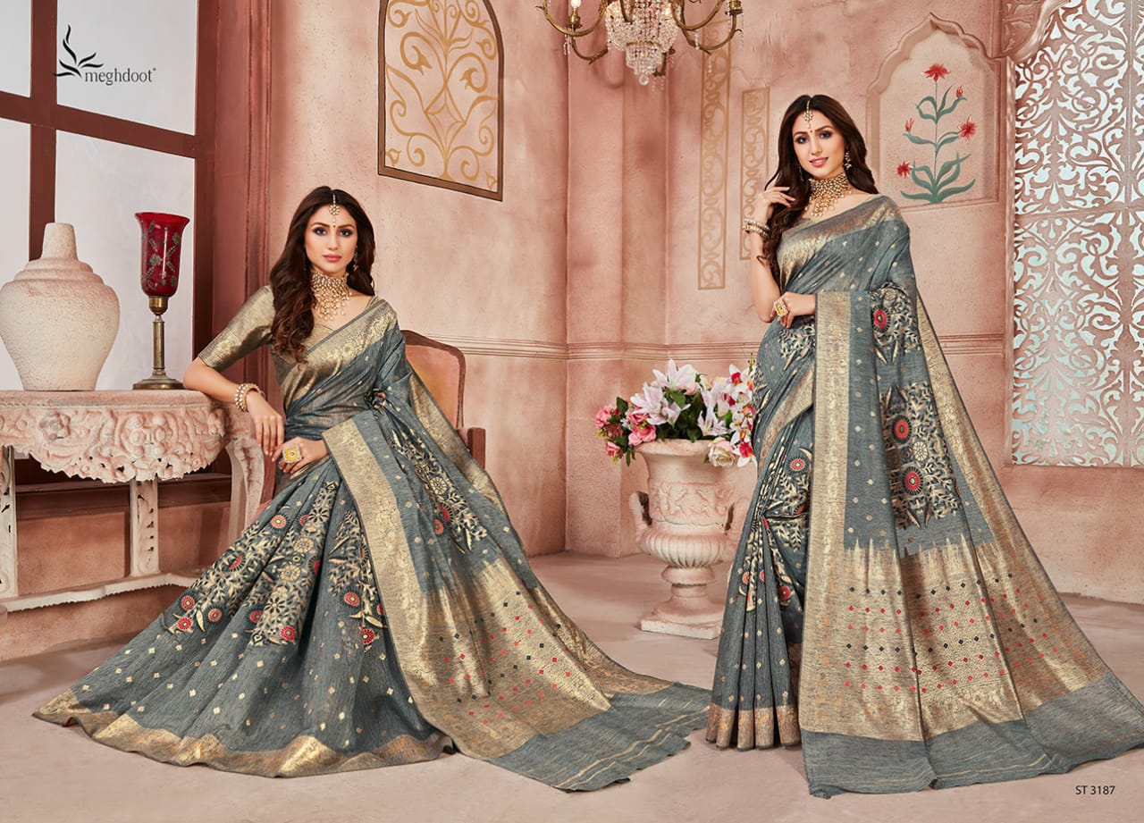 Meghdoot Presents Blush Jute Silk Designer Traditional Wear Sarees Cataloge Wholesaler