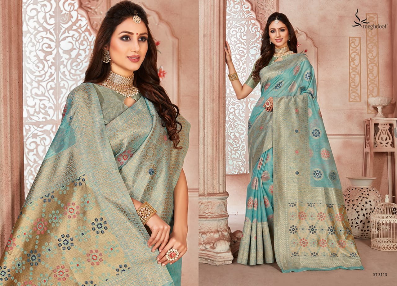 Meghdoot Presents Blush Jute Silk Designer Traditional Wear Sarees Cataloge Wholesaler