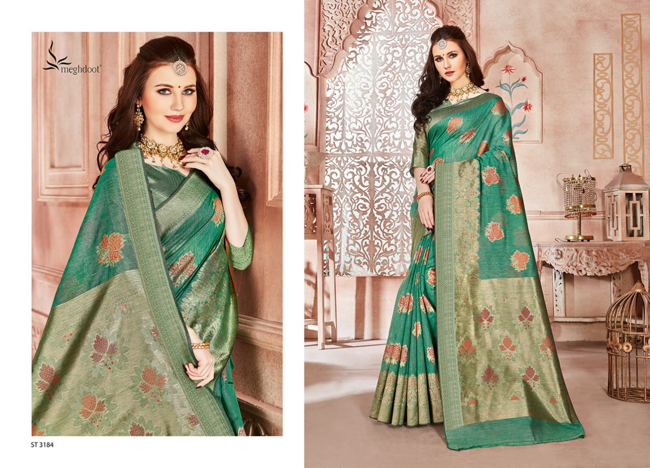 Meghdoot Presents Blush Jute Silk Designer Traditional Wear Sarees Cataloge Wholesaler