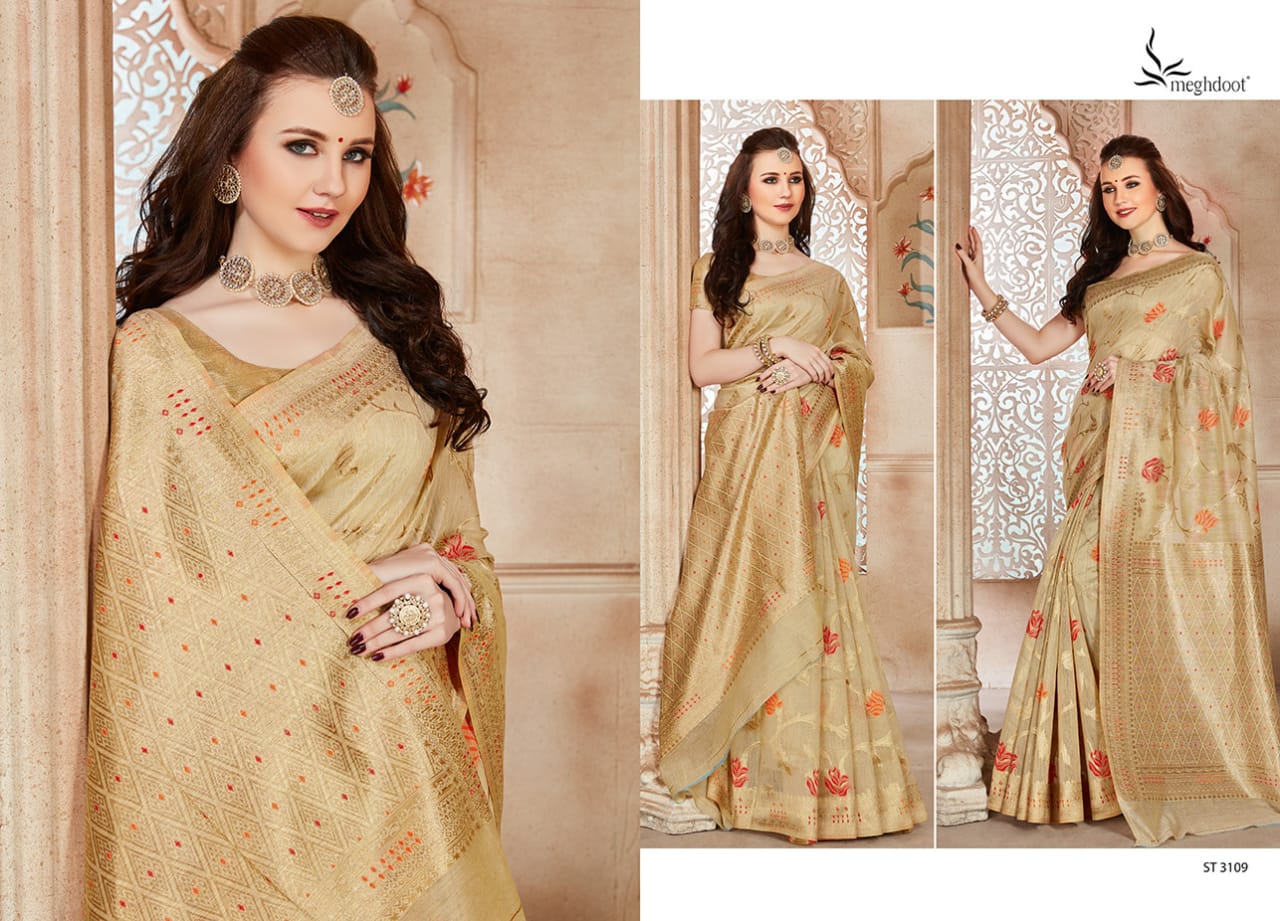 Meghdoot Presents Blush Jute Silk Designer Traditional Wear Sarees Cataloge Wholesaler