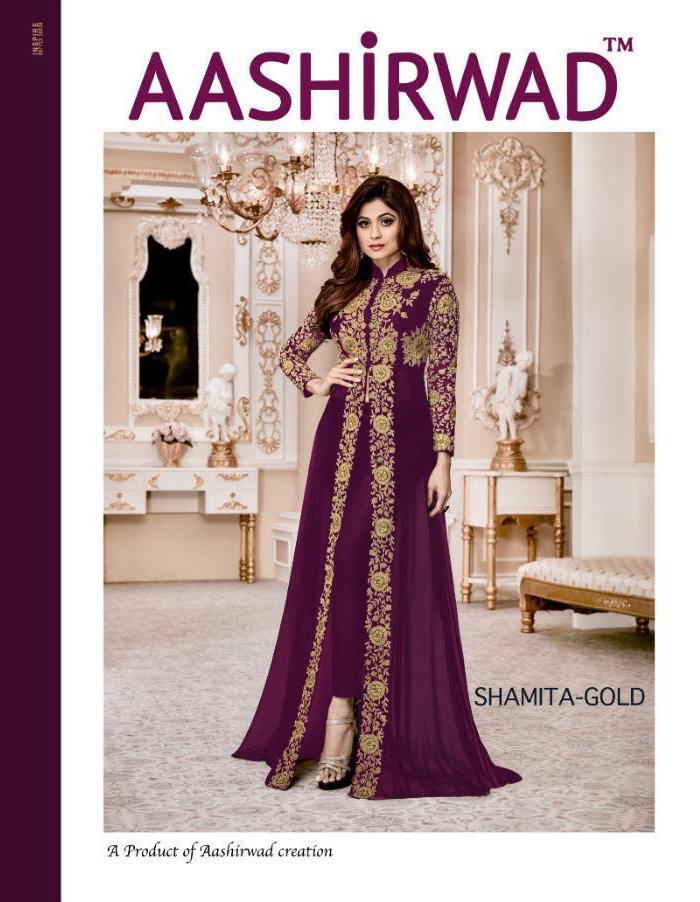 Aashirwad Presents Shamita Gold Georgette Long Embroidery Work Gown