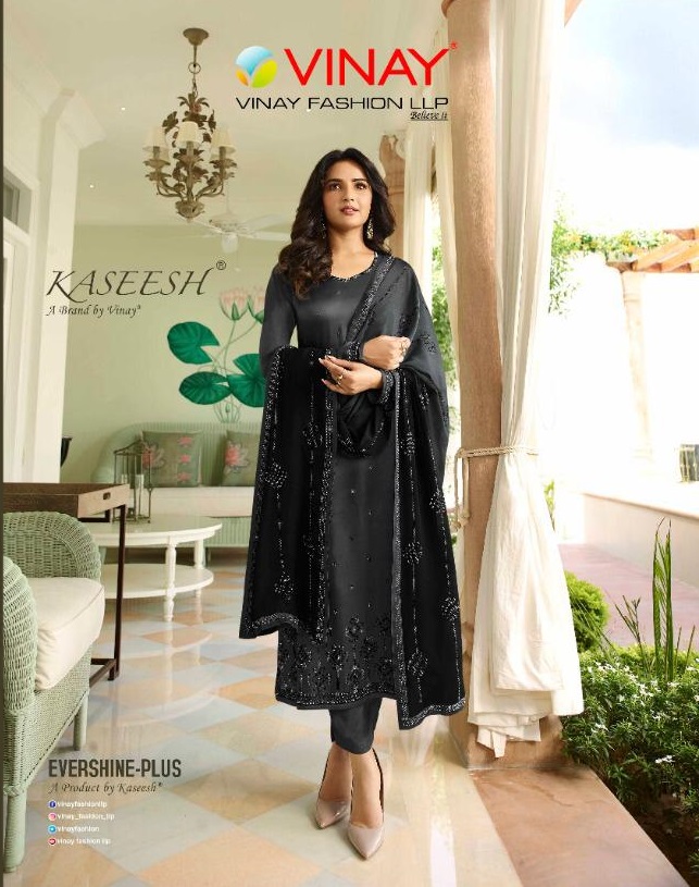 Vinay Fashion Presents Kaseesh Evershine-plus Satin Georgette With Heavy Georgette Dupatta And Swarovski  Work Straight Salwar Suit Catalog Wholesaler