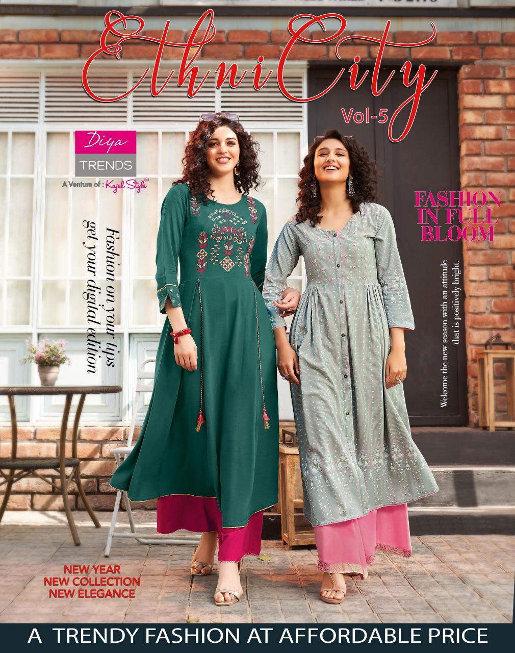 Diya Trends Presents Ethnicity Vol-5 Fancy Rayon With Embroidery Work Long Gown Style Daily Wear Kurtis Catalog Wholesaler