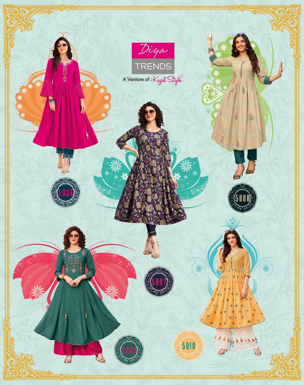 Diya Trends Presents Ethnicity Vol-5 Fancy Rayon With Embroidery Work Long Gown Style Daily Wear Kurtis Catalog Wholesaler