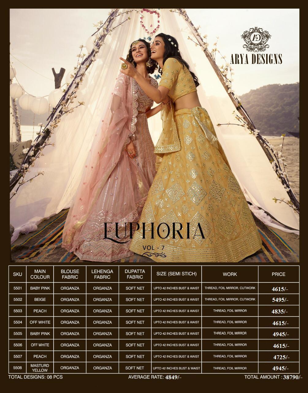 Arya Designer Presents Euphoria Vol-7 Organza Exclusive Designer Lehenga Choli Cataloge Collection