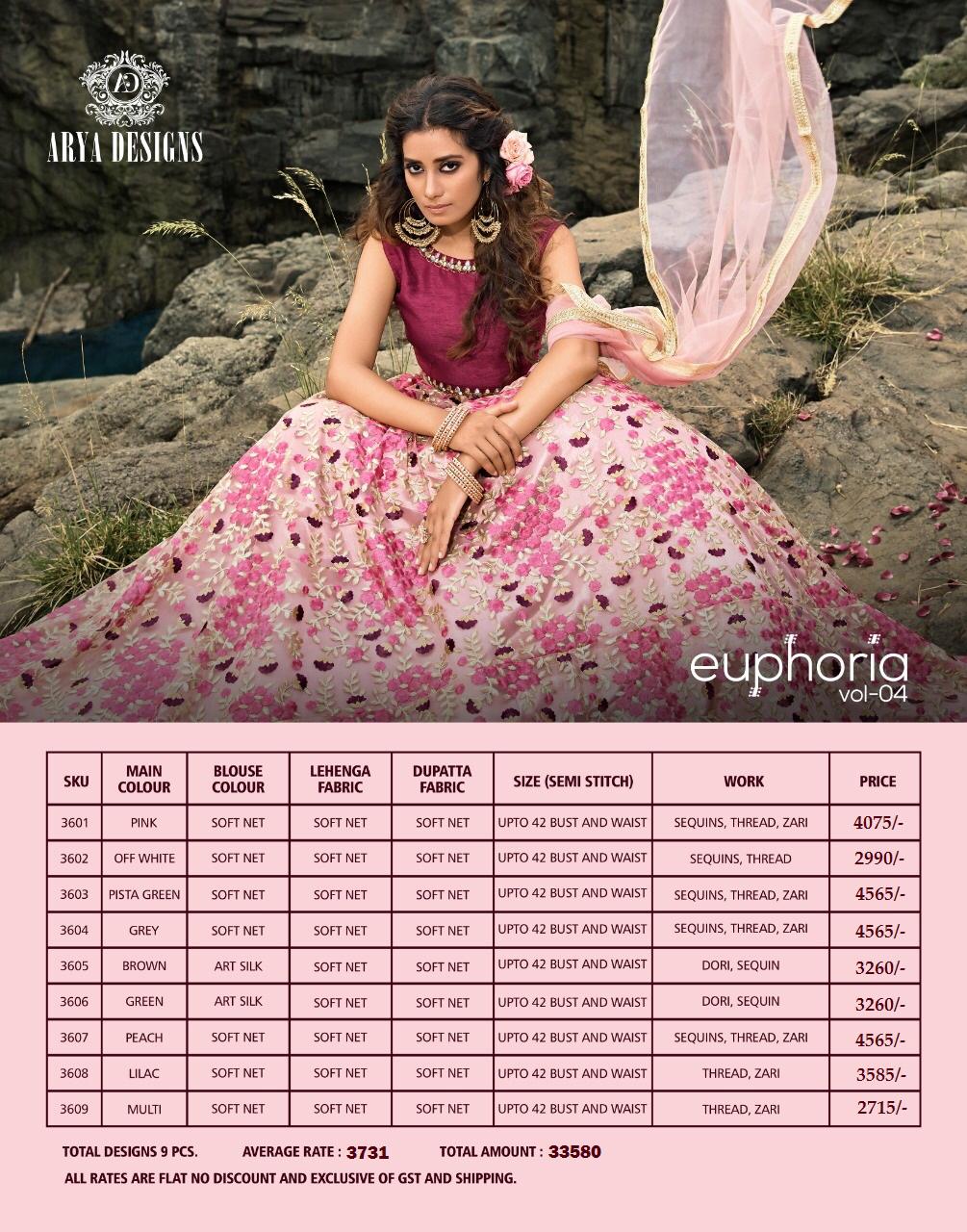Arya Designs Presents Euphoria Vol-4 3601 To 3609 Series Exclusive Bridal Designer Lehenga Choli Catalog Wholesaler