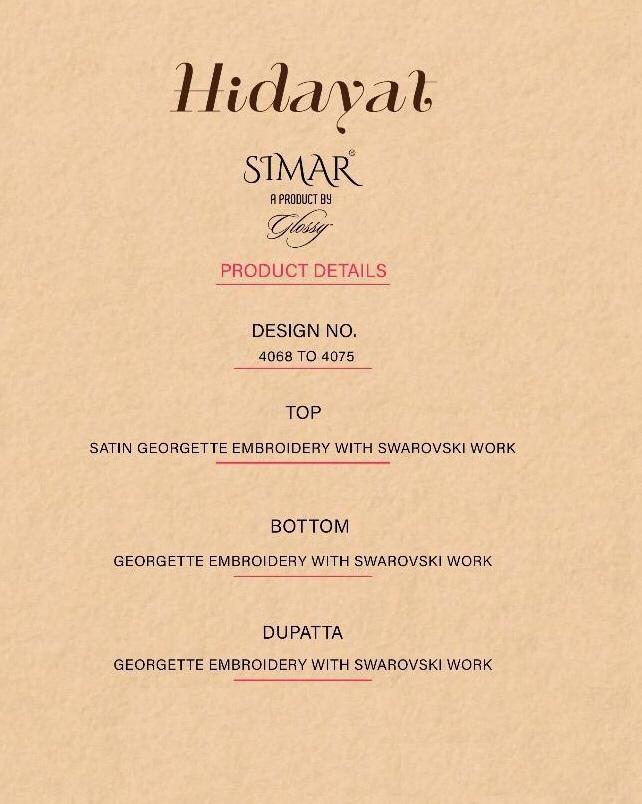 Glossy Presents Hidayat Satin Georgette Heavy Embroidery Work With Sarara Salwar Suit Catalog Wholesaler