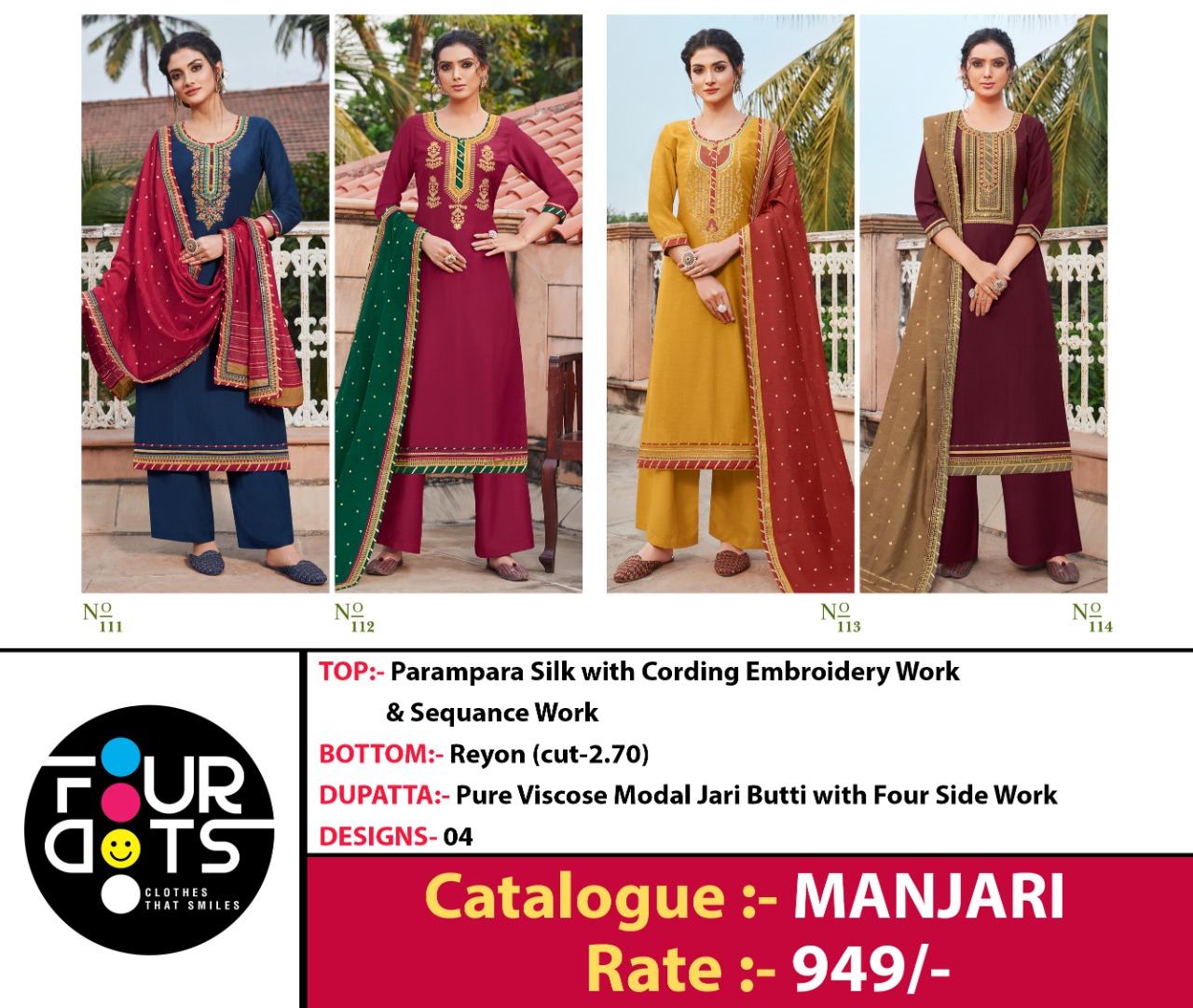 Four Dots Presents Manjari Parampara Silk Cording Embroidery Work Salwar Suit Wholesaler
