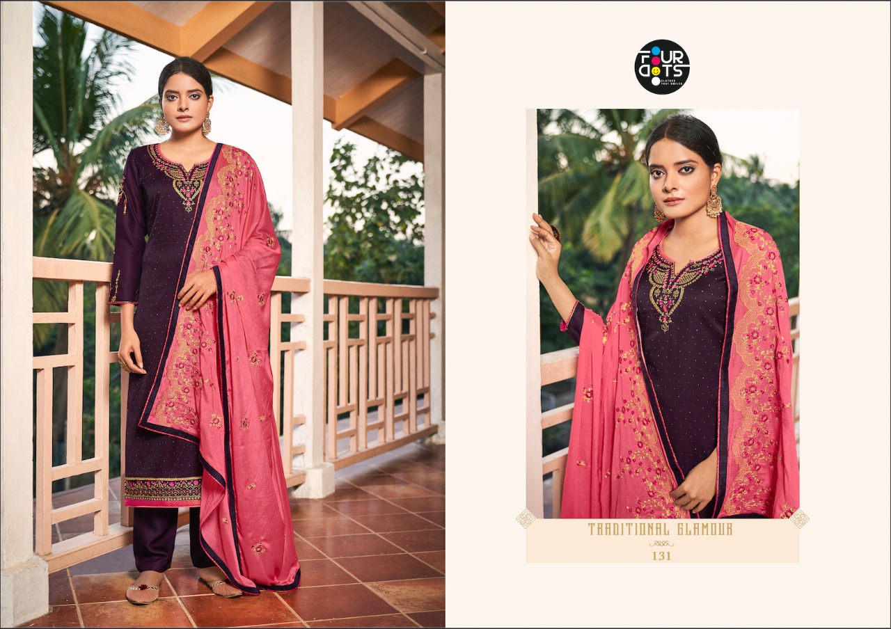 Four Dots Presents Vrinda Satin Embroidery Work Straight Salwar Suit Wholesaler