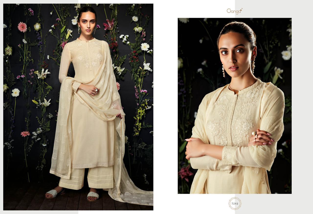 Ganga Presents Antheia Pure Maslin Silk With Embroidery Work Designer Plazzo Style Salwar Suit Wholesaler
