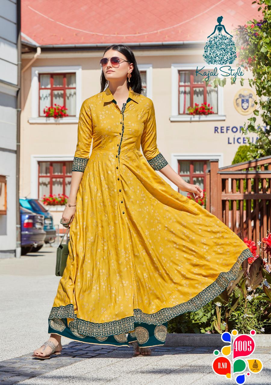 Kajal Style Presents Fashion Colorbar Vol 4 Fancy Long Rayon Printed Gown Style Kurtis Catalog Exporters