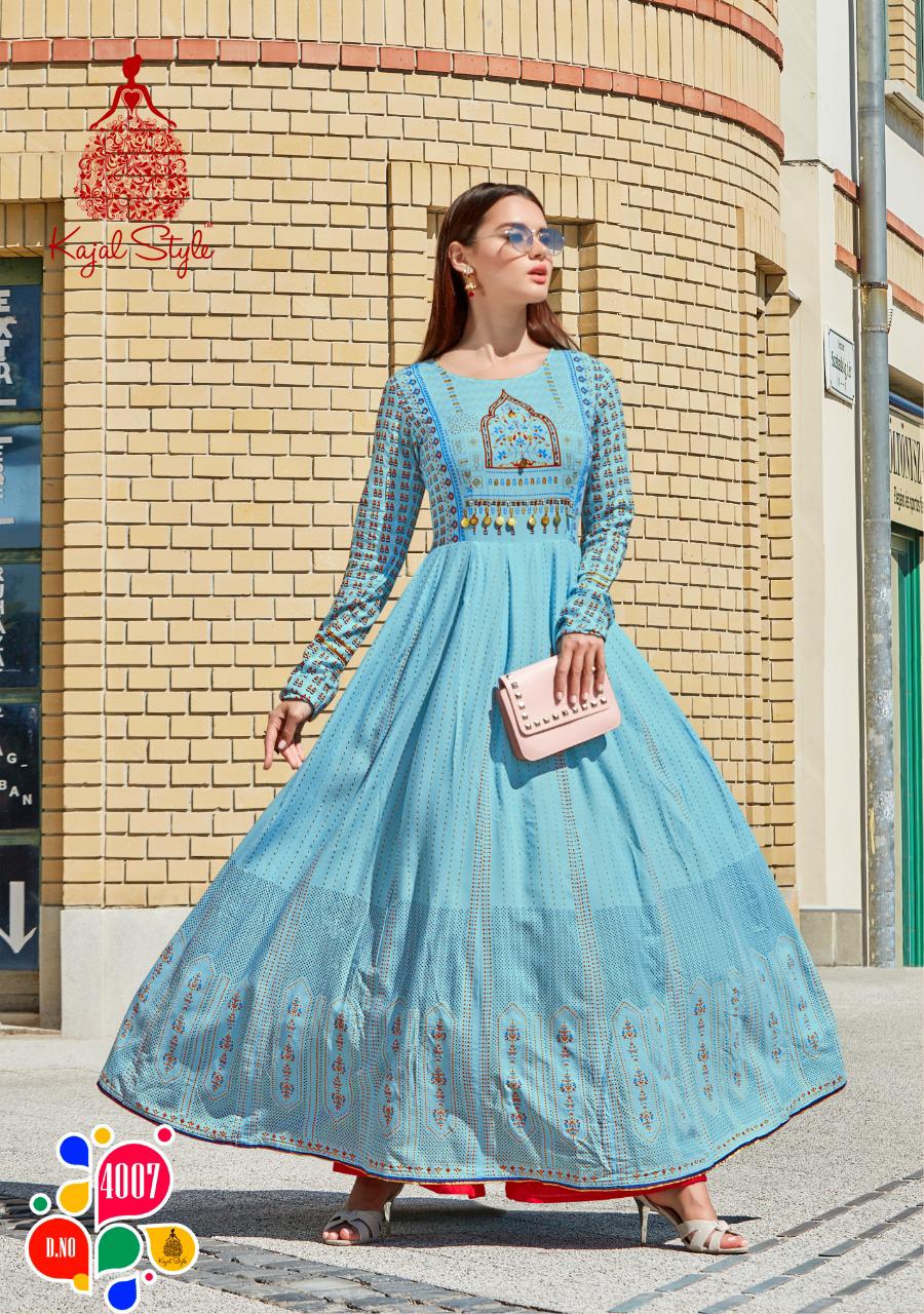 Kajal Style Presents Fashion Colorbar Vol 4 Fancy Long Rayon Printed Gown Style Kurtis Catalog Exporters