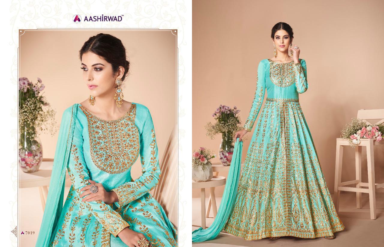 Aashirwad Presents Festive Mellbery Silk Embroidery Work Party Wear Gown Catalogue Wholesaler