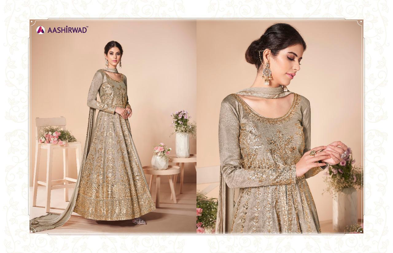 Aashirwad Presents Festive Mellbery Silk Embroidery Work Party Wear Gown Catalogue Wholesaler
