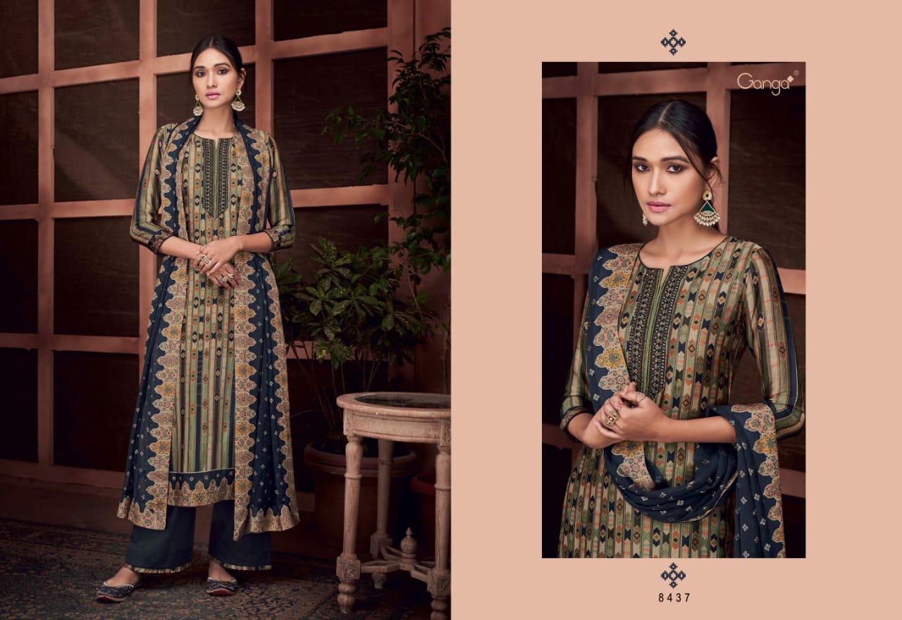 Ganga Presents Roots Pure Bemberg Russian Silk Printed With Embroidery Work Straight Salwar Suit Catalogue Wholesaler