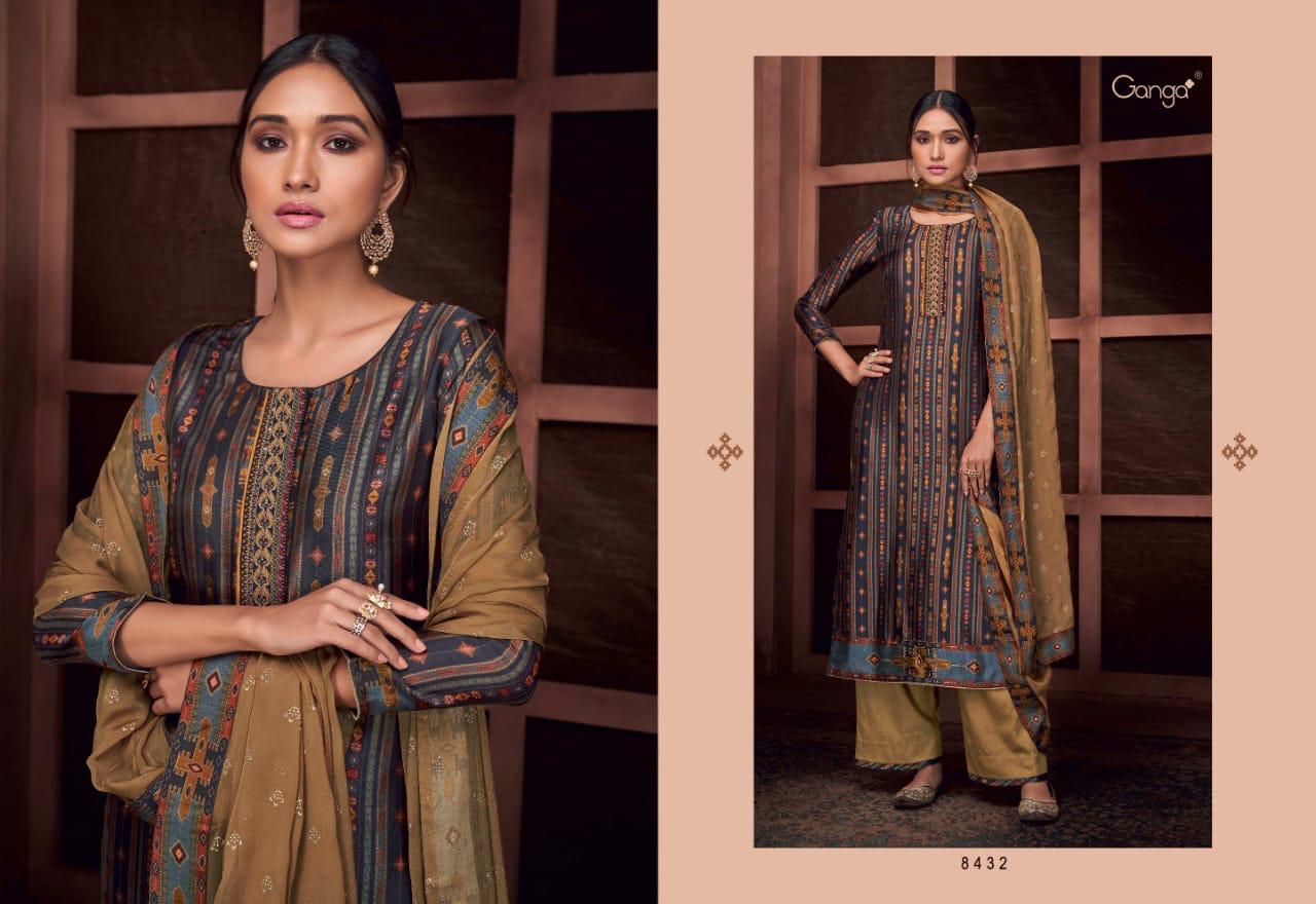 Ganga Presents Roots Pure Bemberg Russian Silk Printed With Embroidery Work Straight Salwar Suit Catalogue Wholesaler