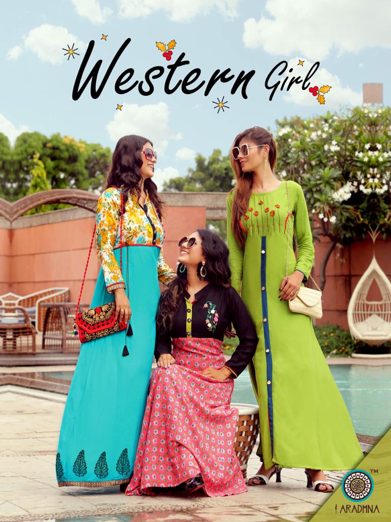 Aradhna Presents Western Girl Designer Long Rayon Printed Kurtis Catalog Wholesaler