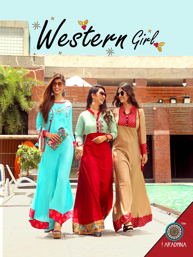 Aradhna Presents Western Girl Designer Long Rayon Printed Kurtis Catalog Wholesaler