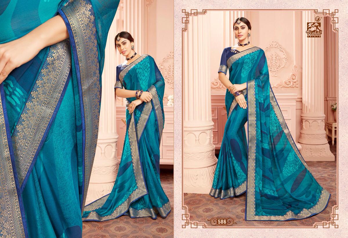 Vishal Prints Sky Blue Printed Chiffon Saree With Zari Border