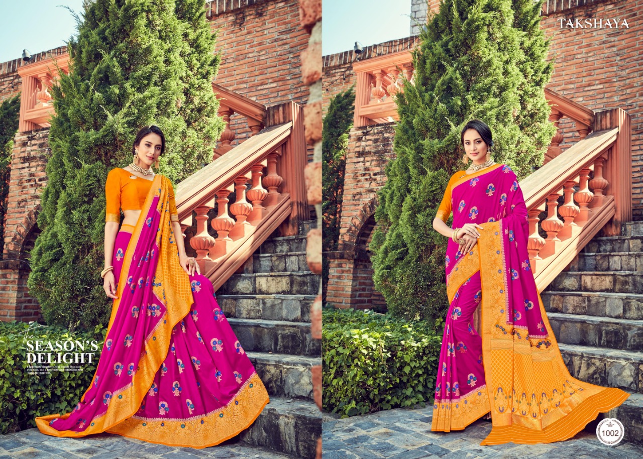Takshaya Presents Aalohi Indian Marraige Wear Pure Dola Silk With Meenakari Pallu Concept Sarees Catalog Wholesaler