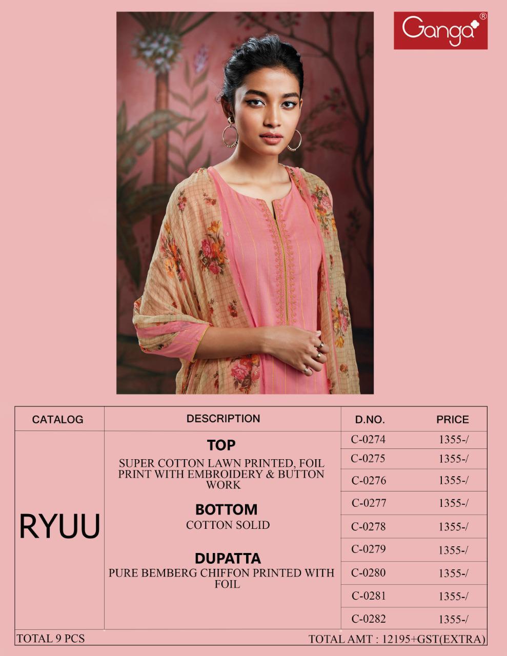 Ganga Presents Ryuu Designer Party Wear Cotton Lawn Printed Foil With Embroidery Work Plazzo Style Salwar Suit Catalogue Wholesaler