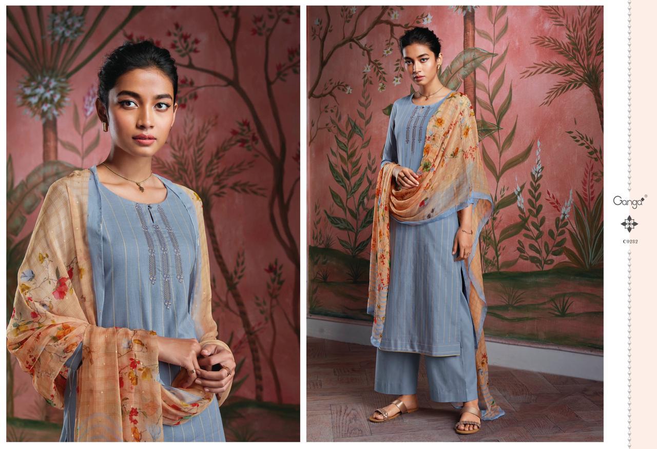 Ganga Presents Ryuu Designer Party Wear Cotton Lawn Printed Foil With Embroidery Work Plazzo Style Salwar Suit Catalogue Wholesaler