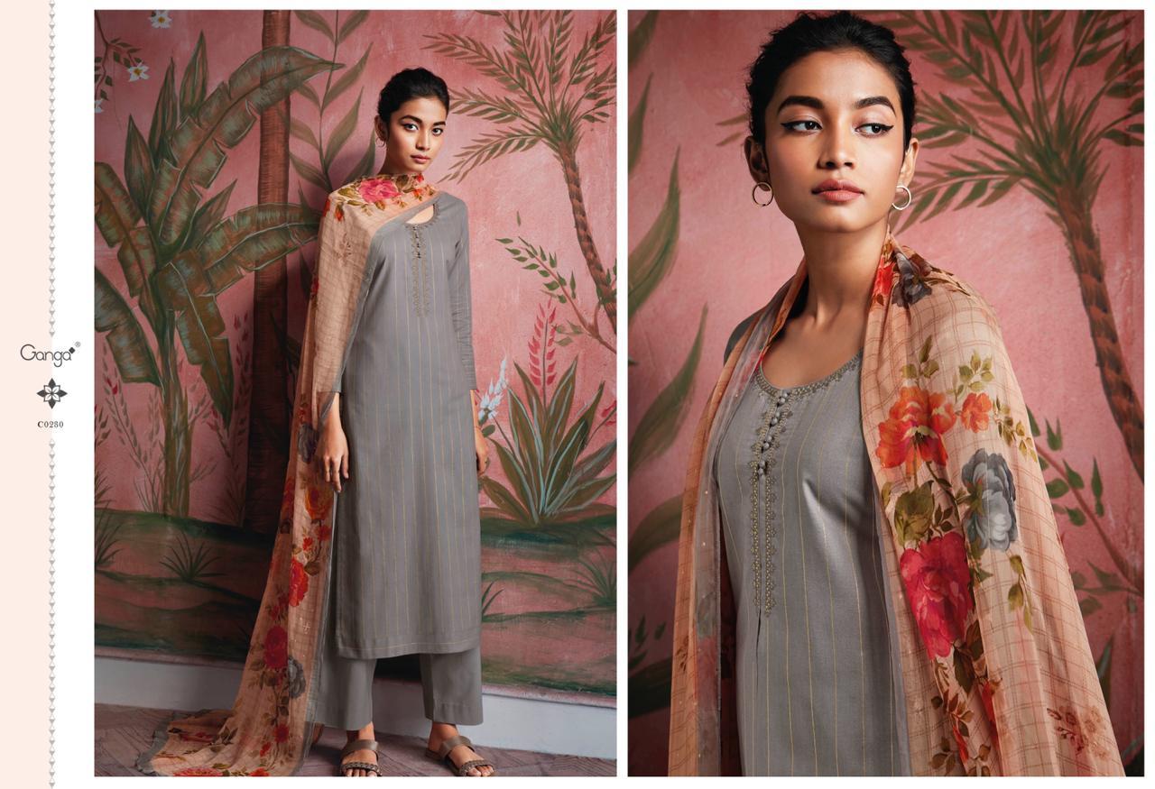 Ganga Presents Ryuu Designer Party Wear Cotton Lawn Printed Foil With Embroidery Work Plazzo Style Salwar Suit Catalogue Wholesaler
