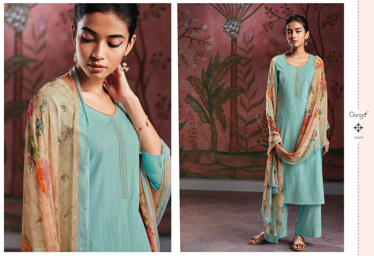 Ganga Presents Ryuu Designer Party Wear Cotton Lawn Printed Foil With Embroidery Work Plazzo Style Salwar Suit Catalogue Wholesaler